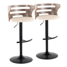 Cosi Mid-Century Modern Adjustable Barstool with Swivel in Black Metal, Light Grey Wood and Cream Faux Leather with Rounded T Footrest- Set of 2 — pair view