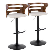 Cosi Mid-Century Modern Adjustable Barstool with Swivel in Black Metal, Walnut Wood and Cream Faux Leather with Rounded T Footrest- Set of 2 — pair view