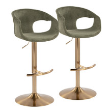 Curva Contemporary Adjustable Barstool in Gold Metal and Green Fabric with Rounded T Footrest- Set of 2 — pair view