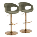 Curva Contemporary Adjustable Barstool in Gold Metal and Green Fabric with Rounded T Footrest- Set of 2 — pair view