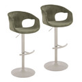 Curva Contemporary Adjustable Barstool with Swivel in Pearl Grey Metal and Green Fabric with Round T Footrest- Set of 2 — pair view