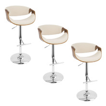 Curvo Mid-Century Modern Adjustable Barstool with Swivel in Chrome Metal, Walnut Wood and Cream Fabric with Straight T Footrest- Set of 3 — pair view