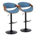 Curvo Mid-Century Modern Adjustable Barstool with Swivel in Black Metal, Walnut Wood and Blue Fabric with Rounded T Footrest- Set of 2 — pair view