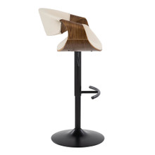Curvo table in Walnut Wood, Cream Fabric, Black Metal, side view, featuring swivel and adjustable height