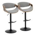 Curvo Mid-Century Modern Adjustable Barstool with Swivel in Black Metal, Walnut Wood and Light Grey Fabric with Rounded T Footrest- Set of 2 — pair view