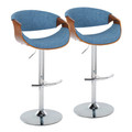 Curvo Mid-Century Modern Adjustable Barstool with Swivel in Chrome Metal, Walnut Wood and Blue Fabric with Rounded T Footrest- Set of 2 — pair view
