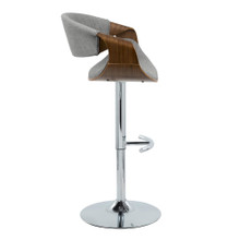 Curvo table in Walnut Wood, Light Grey Fabric, Chrome Metal, side view, featuring swivel and adjustable height
