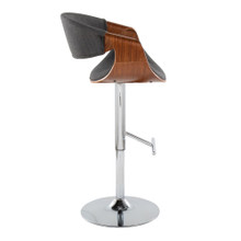 Curvo table in Walnut Wood, Charcoal Fabric, Chrome Metal, side view, featuring swivel and adjustable height
