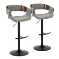 Elisa Mid-Century Modern Adjustable Barstool with Swivel in Black Metal, Walnut Wood and Grey Fabric with Rounded T Footrest- Set of 2 — pair view