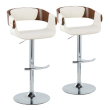 Elisa Mid-Century Modern Adjustable Barstool with Swivel in Chrome Metal, Walnut Wood and Cream Fabric with Rounded T Footrest- Set of 2 — pair view