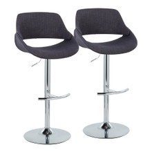 Fabrico Contemporary Adjustable Barstool with Swivel in Chrome Metal and Charcoal Fabric with Rounded T Footrest- Set of 2 — pair view