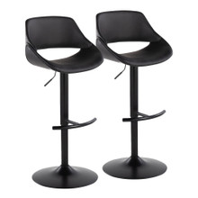 Fabrico Contemporary Adjustable Barstool with Swivel in Black Metal and Black Faux Leather with Rounded T Footrest- Set of 2 — pair view