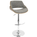 Fabrizzi table in Chrome Metal, Walnut Wood, Grey Noise Fabric, product view, featuring swivel and upholstered seat