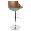 Fabrizzi table in Chrome Metal, Walnut Wood, Blue Fabric, back and side view, featuring swivel and adjustable height