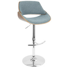 Fabrizzi Mid-Century Modern Adjustable Barstool with Swivel in Chrome Metal, Walnut Wood and Blue Fabric with Rounded T Footrest- Set of 3 — product view