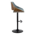 Fabrizzi table in Walnut Wood, Black Metal, Blue Fabric, side view, featuring swivel and upholstered seat