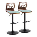 Folia Mid-Century Modern Adjustable Barstool with Swivel in Black Metal, Walnut Wood and Teal Fabric with Rounded T Footrest- Set of 2 — pair view