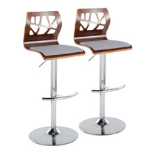 Folia Mid-Century Modern Adjustable Barstool with Swivel in Chrome Metal, Walnut Wood and Grey Fabric with Rounded T Footrest- Set of 2 — pair view