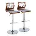 Folia Mid-Century Modern Adjustable Barstool with Swivel in Chrome Metal, Walnut Wood and Grey Fabric with Rounded T Footrest- Set of 2 — pair view