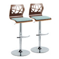 Folia Mid-Century Modern Adjustable Barstool with Swivel in Chrome Metal, Walnut Wood and Teal Fabric with Rounded T Footrest- Set of 2 — pair view