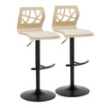 Folia Contemporary Adjustable Barstool with Swivel in Black Metal, Natural Wood and Cream Faux Leather with Rounded T Footrest- Set of 2 — pair view