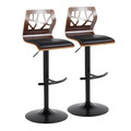 Folia Mid-Century Modern Adjustable Barstool With Swivel In Black Metal, Walnut Wood And Black Faux Leather With Round T Footrest- Set Of 2 — pair view