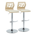 Folia Contemporary Adjustable Barstool with Swivel in Chrome Metal, Natural Wood and Cream Faux Leather with Rounded T Footrest- Set of 2 — pair view