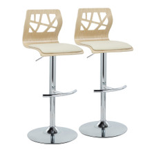 Folia Contemporary Adjustable Barstool with Swivel in Chrome Metal, Natural Wood and Cream Faux Leather with Rounded T Footrest- Set of 2 — pair view