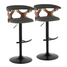 Gardenia Contemporary Adjustable Barstool with Swivel in Black Metal, Walnut Wood and Charcoal Fabric with Rounded T Footrest- Set of 2 — pair view