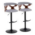 Gardenia Contemporary Adjustable Barstool with Swivel in Black Metal, Walnut Wood and Light Grey Fabric with Rounded T Footrest- Set of 2 — pair view