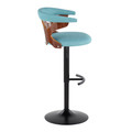 Gardenia table in Black Metal, Walnut Wood, Teal Fabric, side view, featuring swivel and upholstered seat