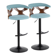 Gardenia Contemporary Adjustable Barstool with Swivel in Black Metal, Walnut Wood and Teal Fabric with Rounded T Footrest- Set of 2 — pair view