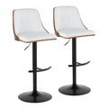 Gianna Mid-Century Modern Adjustable Barstool with Swivel in Black Metal, Walnut Wood and White Faux Leather with Rounded T Footrest- Set of 2 — pair view