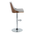 Gianna table in Chrome Metal, Walnut Wood, Light Grey PU, side view, featuring swivel and upholstered seat