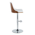 Gianna table in Chrome Metal, Walnut Wood, White PU, side view, featuring swivel and upholstered seat