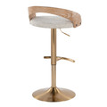 Grotto table in Gold Metal, Whitewashed Wood, Oat Fabric, back and side view, featuring swivel and adjustable height