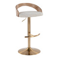 Grotto Contemporary Adjustable Barstool with Swivel in Gold Metal, Whitewashed Wood, and Oat Fabric with Rounded T Footrest — product view