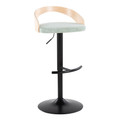 Grotto Contemporary Adjustable Barstool in Black Metal, Natural Wood and Light Green Fabric with Rounded T Footrest — product view