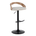 Grotto Contemporary Adjustable Barstool in Black Metal, Whitewashed Wood, and Oat Fabric with Rounded T Footrest — product view