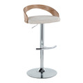 Grotto Contemporary Adjustable Barstool in Chrome Metal, Whitewashed Wood, and Oat Fabric with Rounded T Footrest — product view