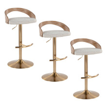 Grotto Contemporary Adjustable Barstool with Swivel in Gold Metal, Whitewashed Wood, and Oat Fabric with Rounded T Footrest- Set of 3 — pair view