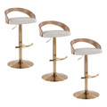 Grotto Contemporary Adjustable Barstool with Swivel in Gold Metal, Whitewashed Wood, and Oat Fabric with Rounded T Footrest- Set of 3 — pair view