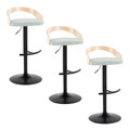 Grotto Contemporary Adjustable Barstool with Swivel in Black Metal, Natural Wood and Light Green Fabric with Rounded T Footrest- Set of 3 — pair view
