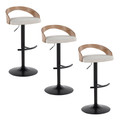 Grotto Contemporary Adjustable Barstool with Swivel in Black Metal, Whitewashed Wood, and Oat Fabric with Rounded T Footrest- Set of 3 — pair view