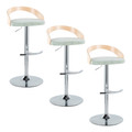 Grotto Farmhouse Adjustable Height Barstool with Swivel in Chrome Metal, Natural Wood and Light Green Fabric with Rounded T Footrest- Set of 3 — pair view