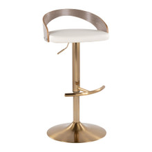 Grotto Contemporary Adjustable Barstool with Swivel in Gold Metal, Light Grey Wood, and White Faux Leather with Rounded T Footrest — product view