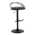 Grotto Contemporary Adjustable Barstool in Black Metal, Light Grey Wood and Black Faux Leather with Rounded T Footrest — product view