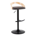 Grotto Contemporary Adjustable Barstool in Black Metal, Natural Wood and Brown Faux Leather with Rounded T Footrest — product view