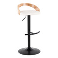 Grotto Contemporary Adjustable Barstool in Black Metal, Zebra Wood and White Faux Leather with Rounded T Footrest — product view