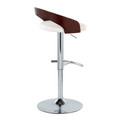 Grotto table in Chrome Metal, Mahogany Wood, White PU, back and side view, featuring swivel and adjustable height